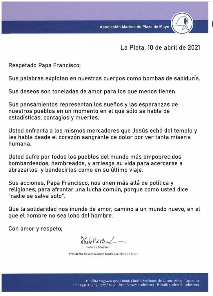 Carta de Hebe al Papa Francisco
